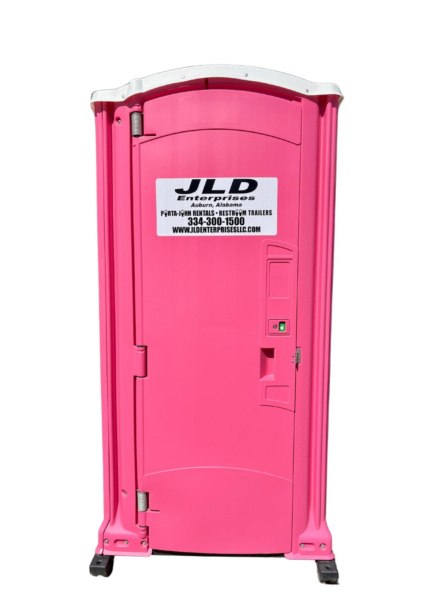 Pink portable restroom by JLD Enterprises in Auburn, AL, featuring contact info and company branding.