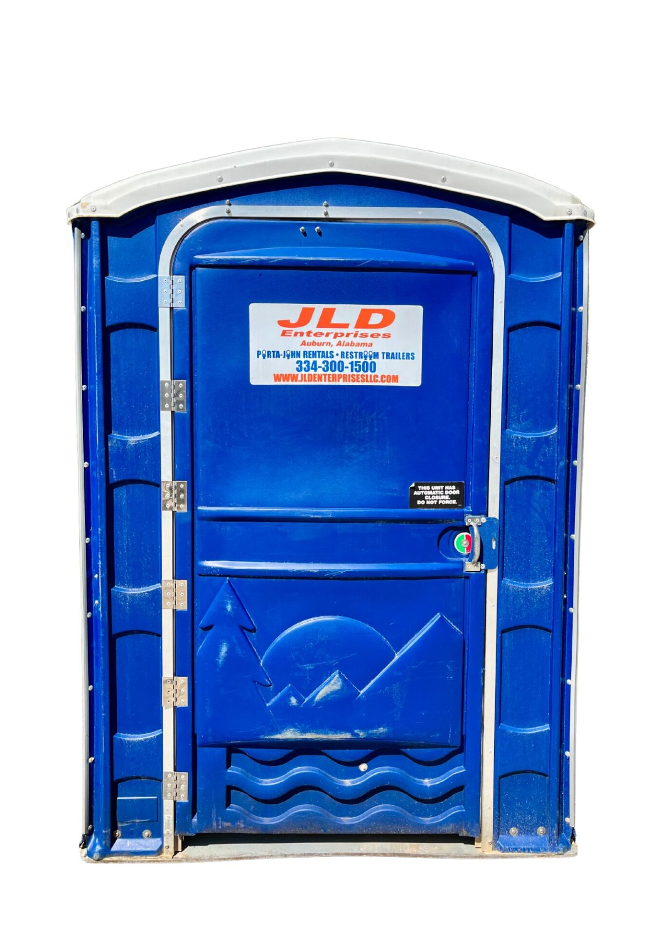 Blue portable restroom in Auburn, AL provided by JLD Enterprises for outdoor events and construction sites.